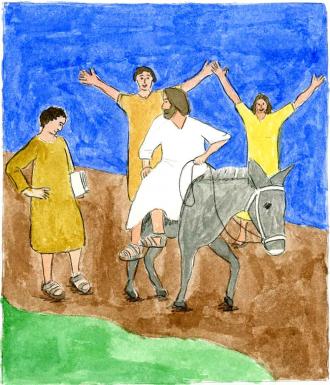 Jesus reitet auf einem Esel nach Jerusalem.