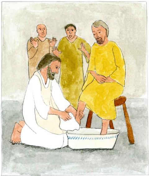 Jesus wäscht bei seinen Freunden die Füße.
